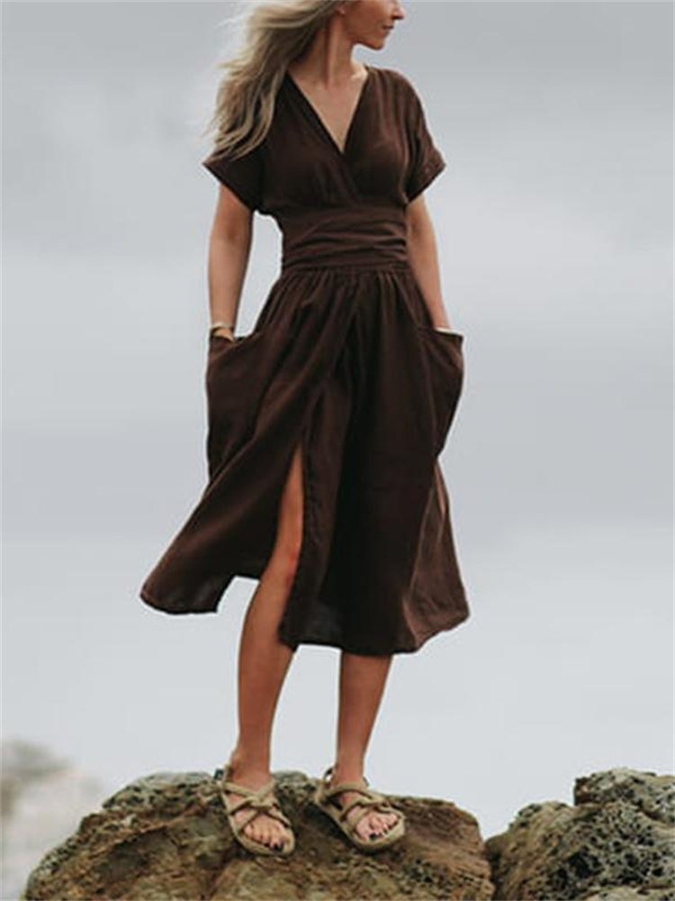 Patch Pockets Wrap Midi Dress