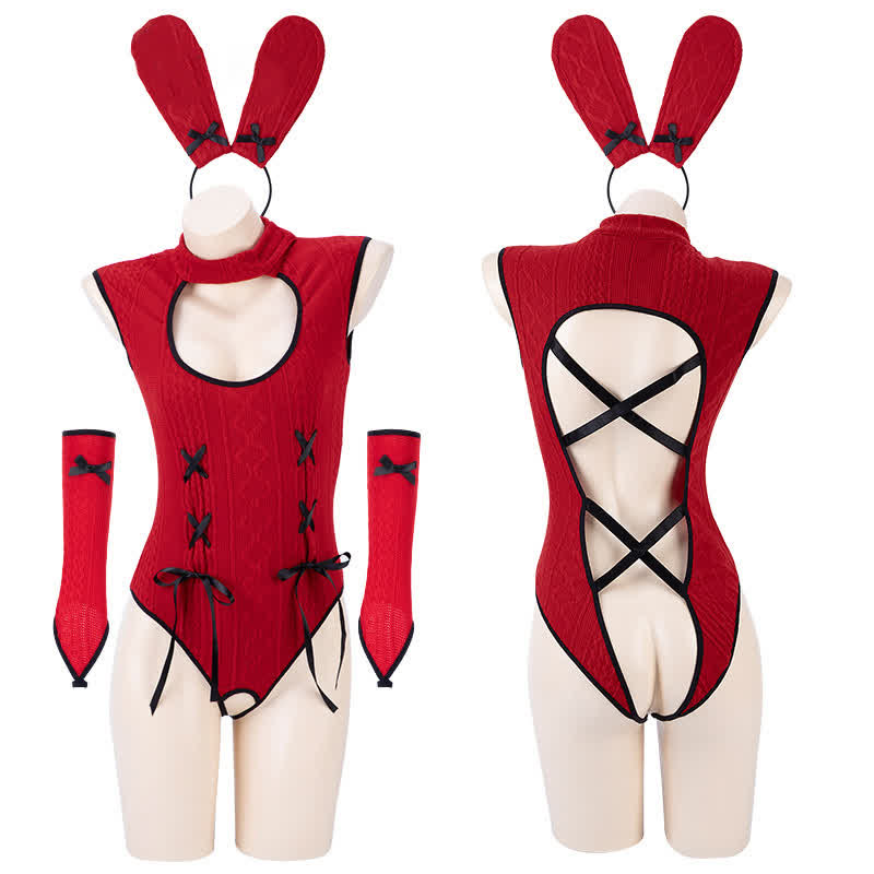 Cosplay Bunny Hollow Out Jumpsuit Lingerie Stockings Set