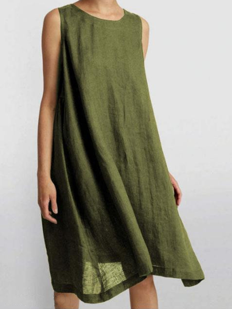 Solid Round Neck Sleeveless A Line Midi Dress