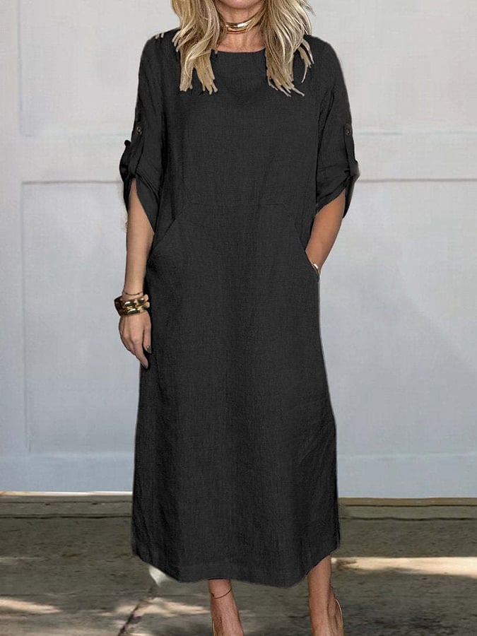 Women's Casual Loose Solid Color Cotton And Linen Dress