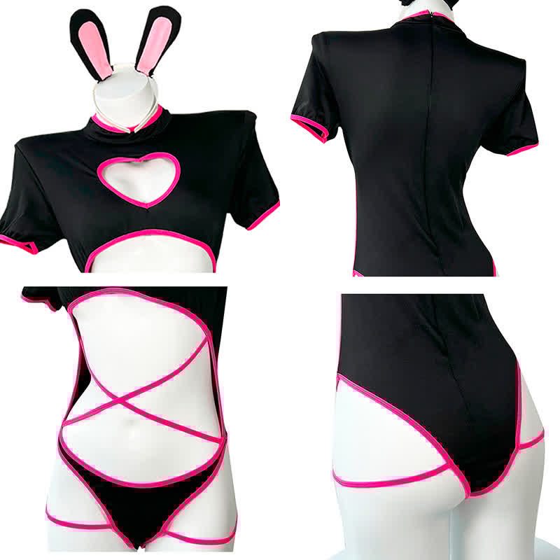 Cosplay Kitty Hollow Out Jumpsuit Lingerie Stockings Set