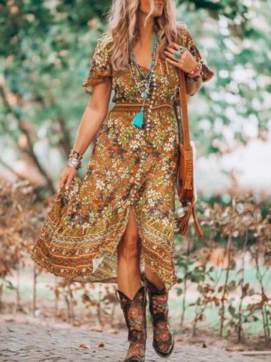 Short Sleeve Bohemian Beach Slit Elastic Skirt