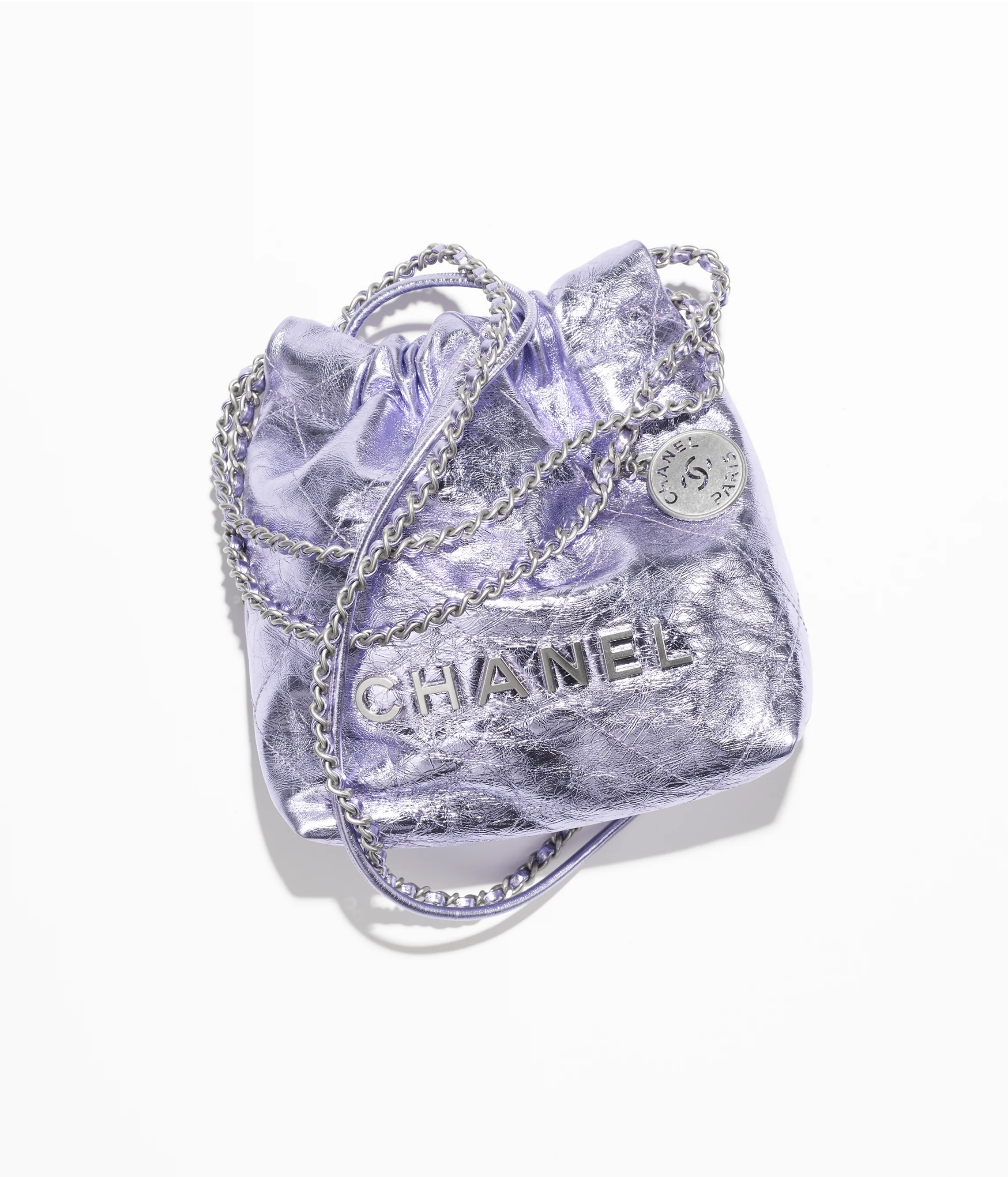 CHANEL 22 Mini Handbag Metallic Calfskin & Silver-Tone Metal Lilac AS3980-B18804-NABJZ