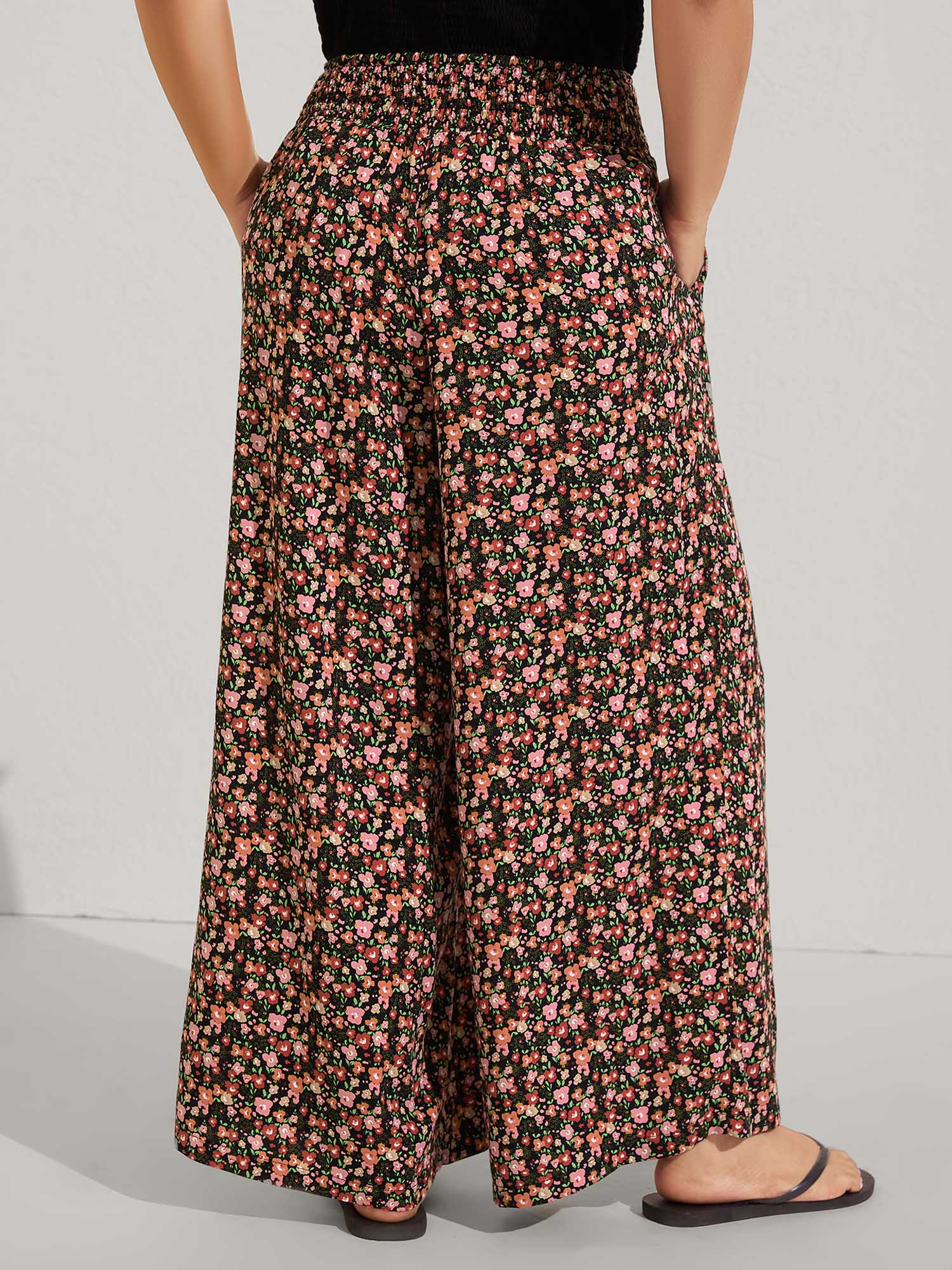 Shirred Waist Ditsy Floral Wide-Leg Pants