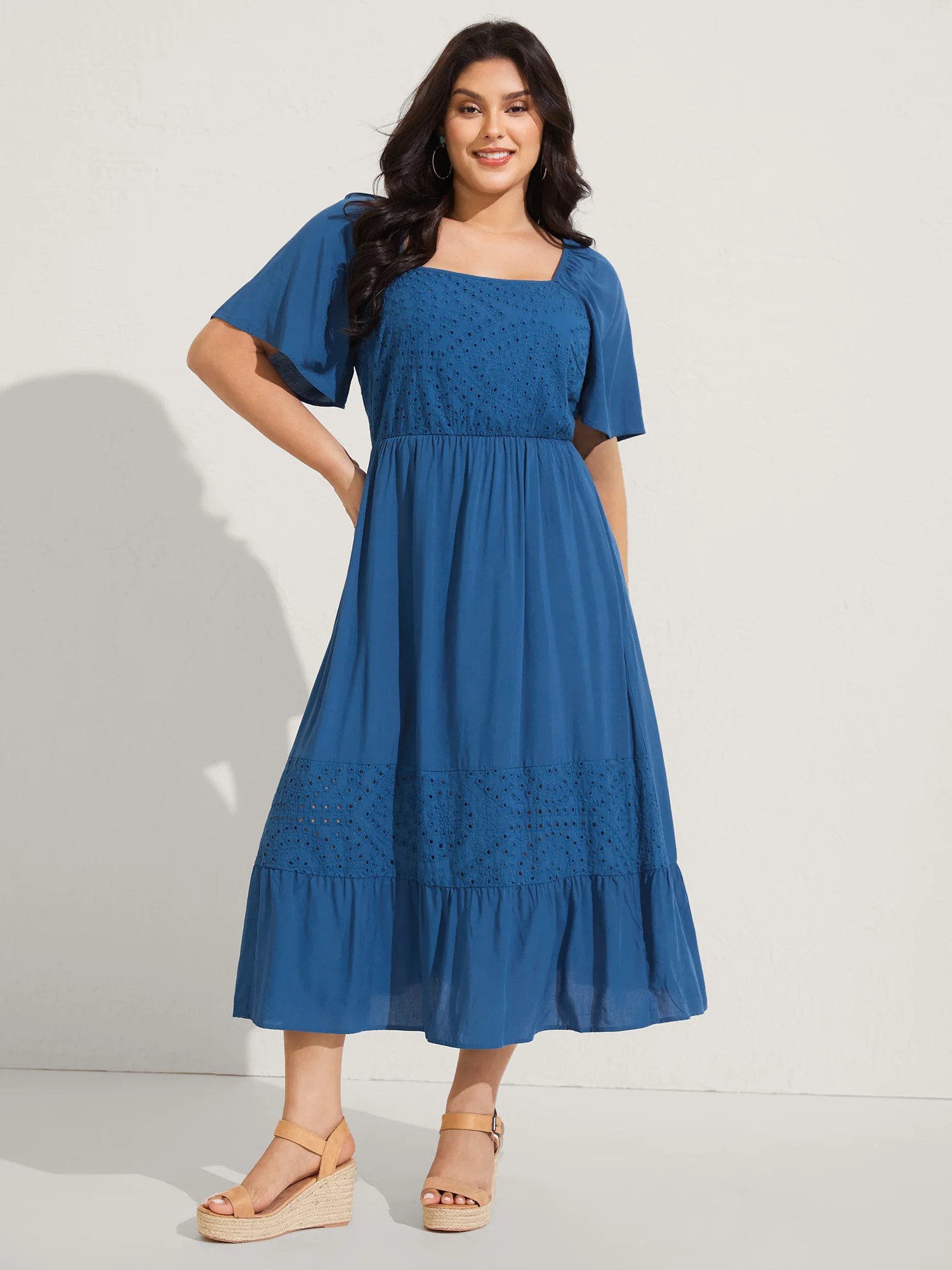 Rayon Lace Pleated Tiered Midi Dress