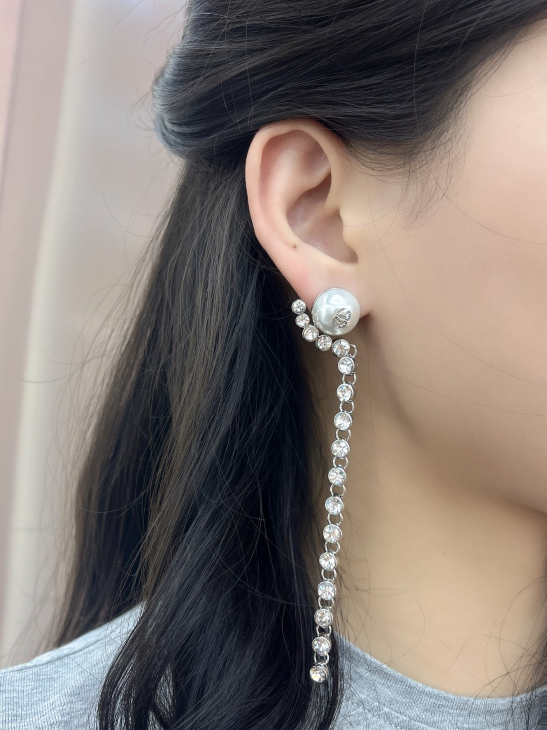 Chanel Silver Round Diamond Long Pearl Earrings