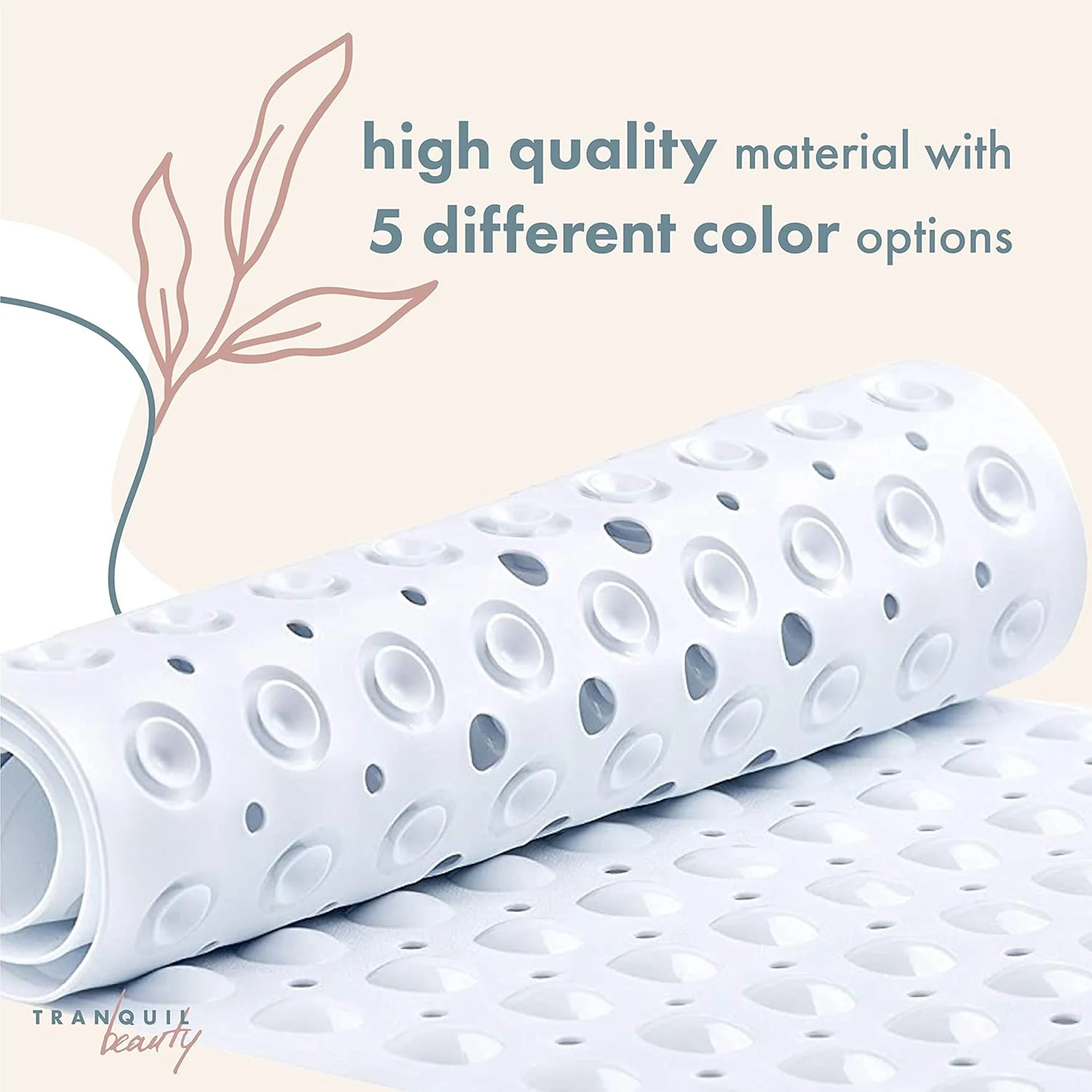 TranquilBeauty Extra Long Non-Slip Bath Mat with Suction Cups, White, 16x40 Inches