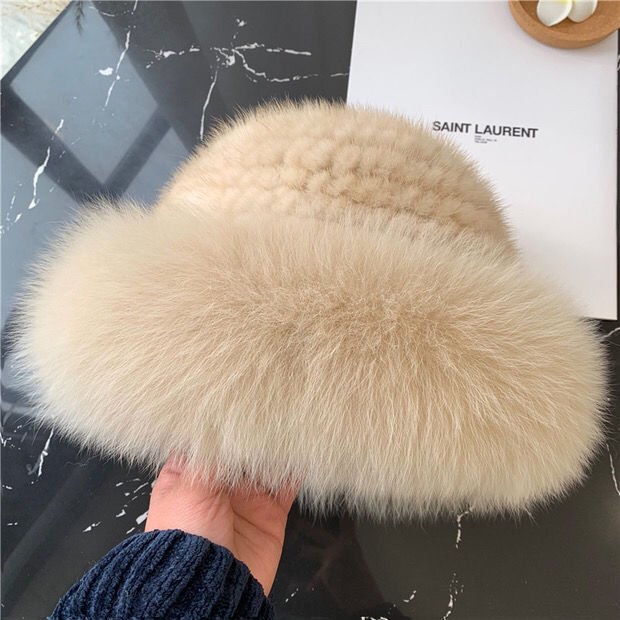 Fashion sweet and cute mink fox fur braided real hair warm thick fisherman hat basin hat