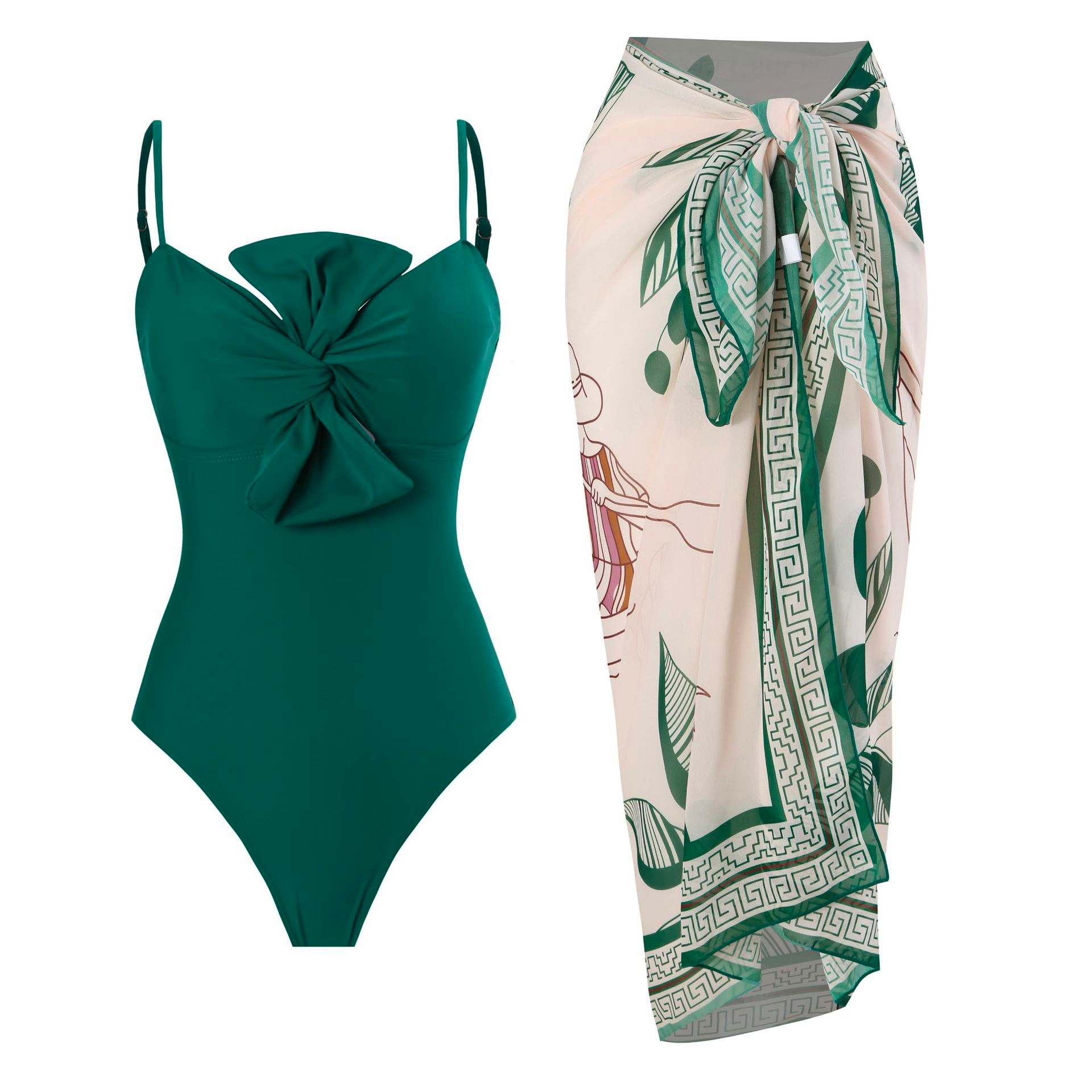 Heididress Bow Front One-piece Swimsuit and Printed Wrap Cover Up Skirt Set