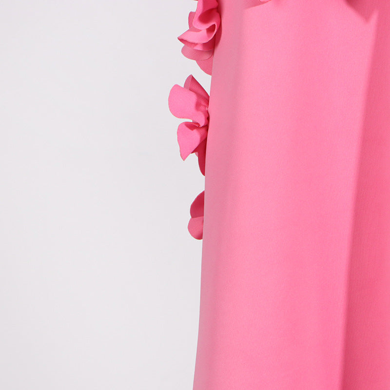 Elegant Elegant Stand Collar Sleeveless Solid Color Dress Three Dimensional Floral Collage Design Maxi Dress