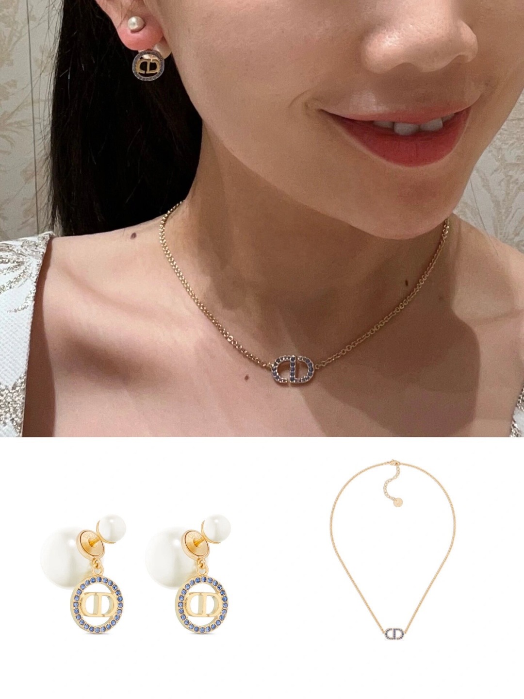 Dior Round Crystal CD Double Ball Pearl Earrings