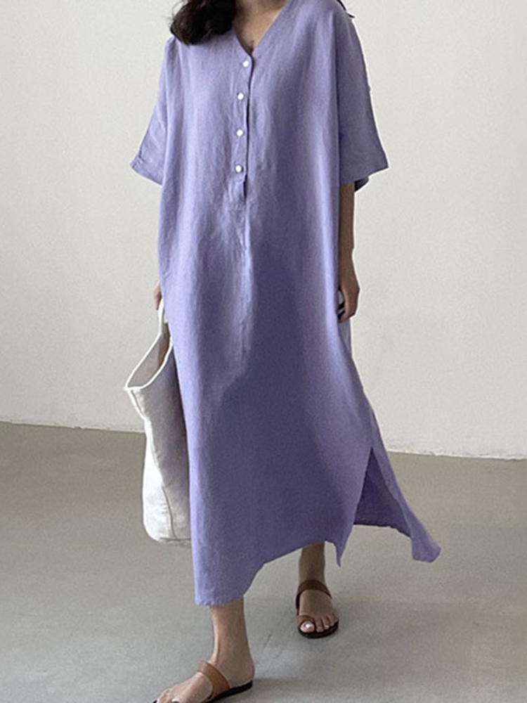 Button Down V Neck Comfy Maxi Dress