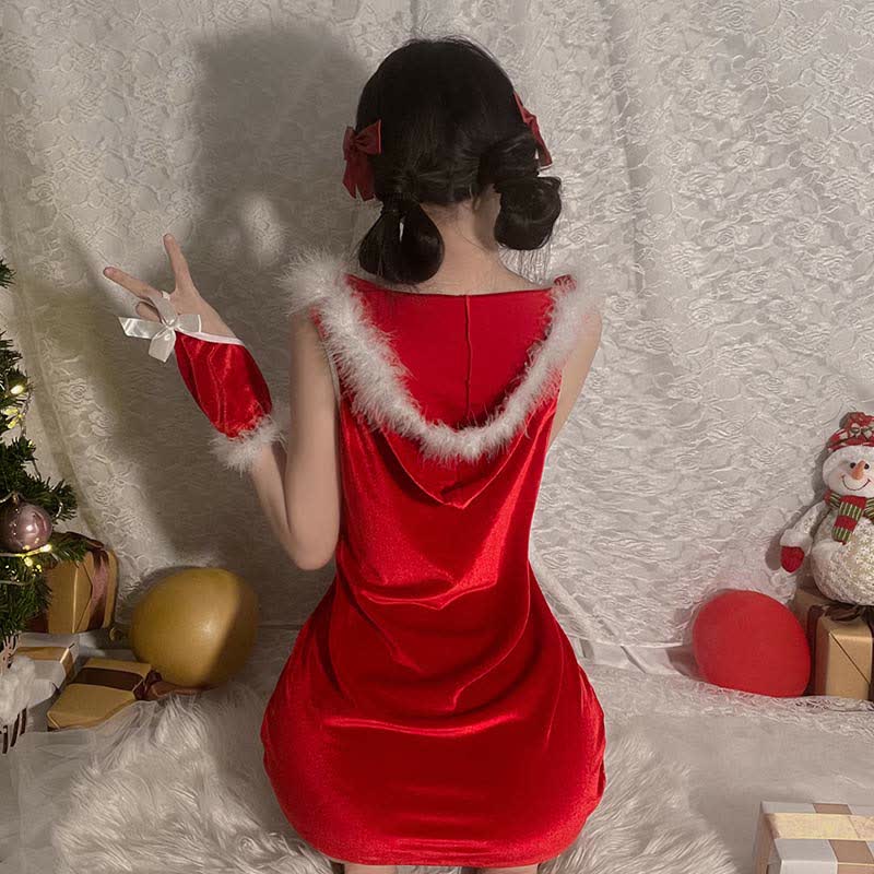 Sexy V-neck Plush Hooded A-line Dress