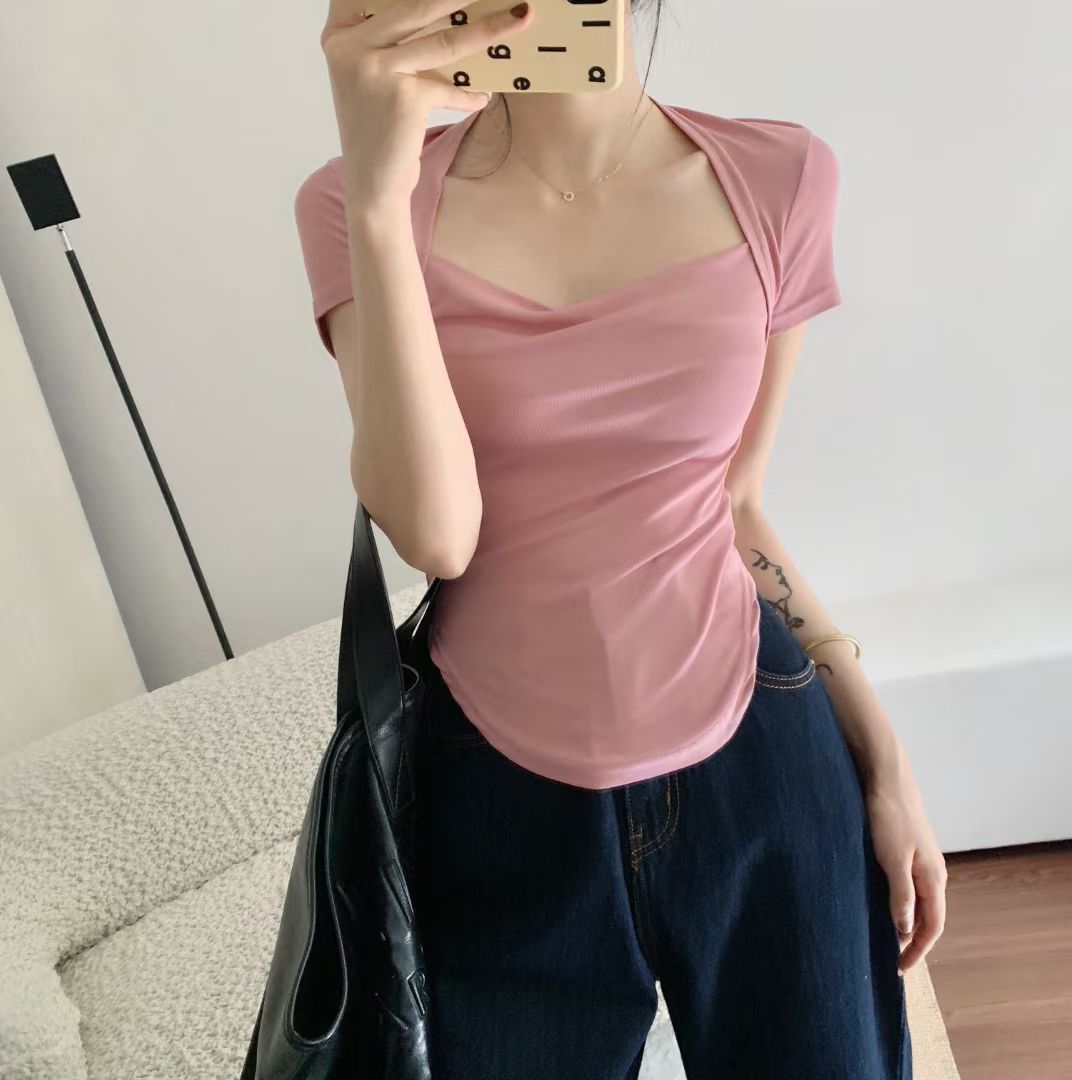 Square Collar Short Sleeve Women's Blouse