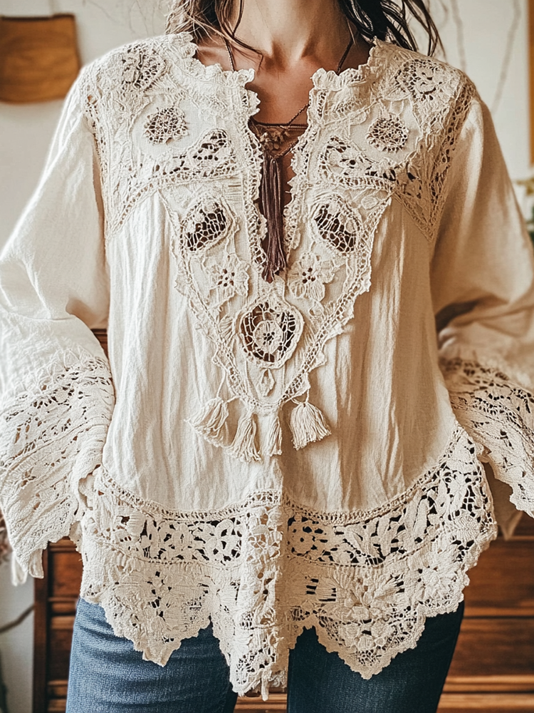 Elegant Lace Embroidery Tassel Art Long Sleeve V-neck Shirt