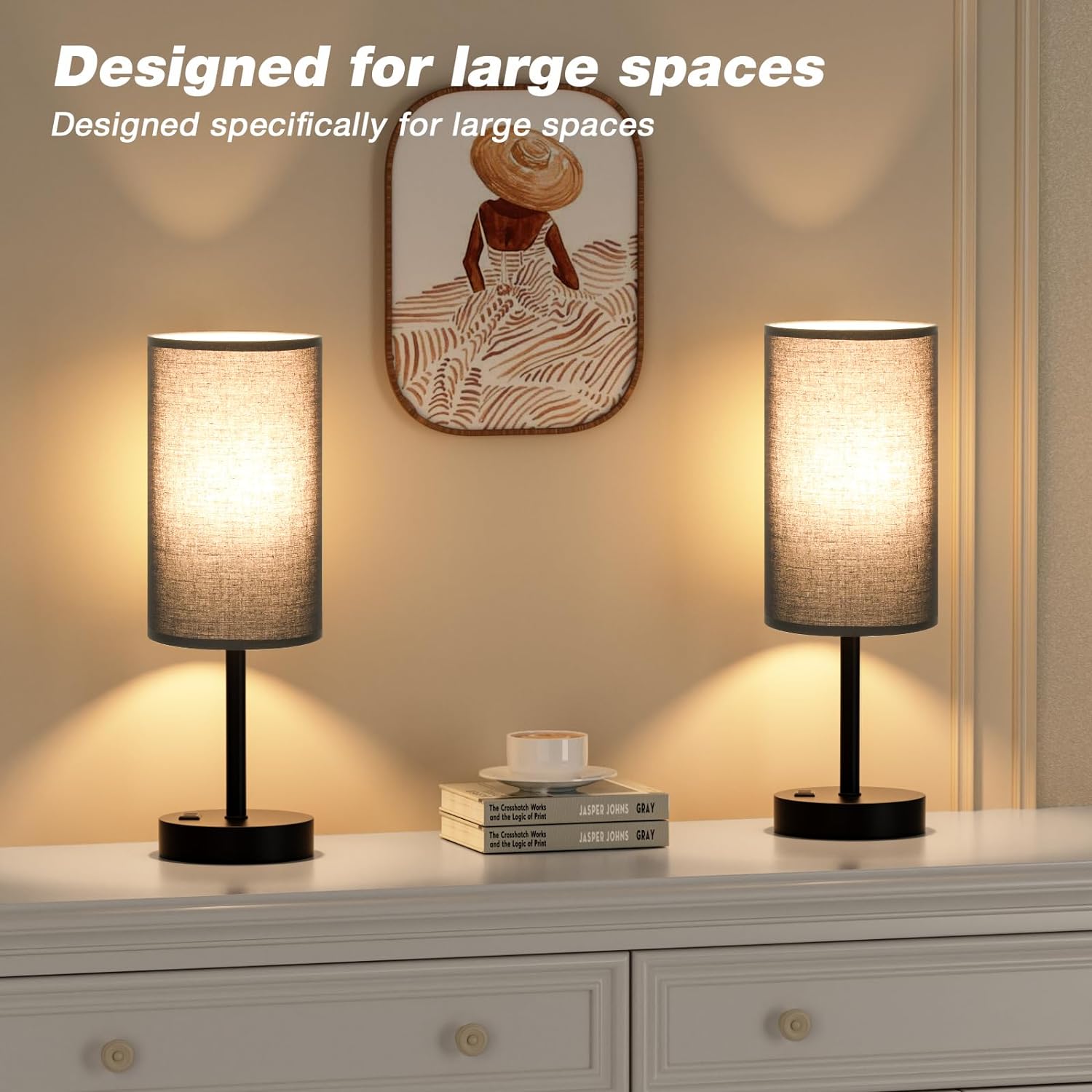 Bedside Table Lamp for Bedroom - 3 Way Dimmable Touch Lamp USB C Charging Ports and AC Outlet, Small Lamp Wood Base Round Flaxen Fabric Shade for Living Room, Desk, LED Bulb Included