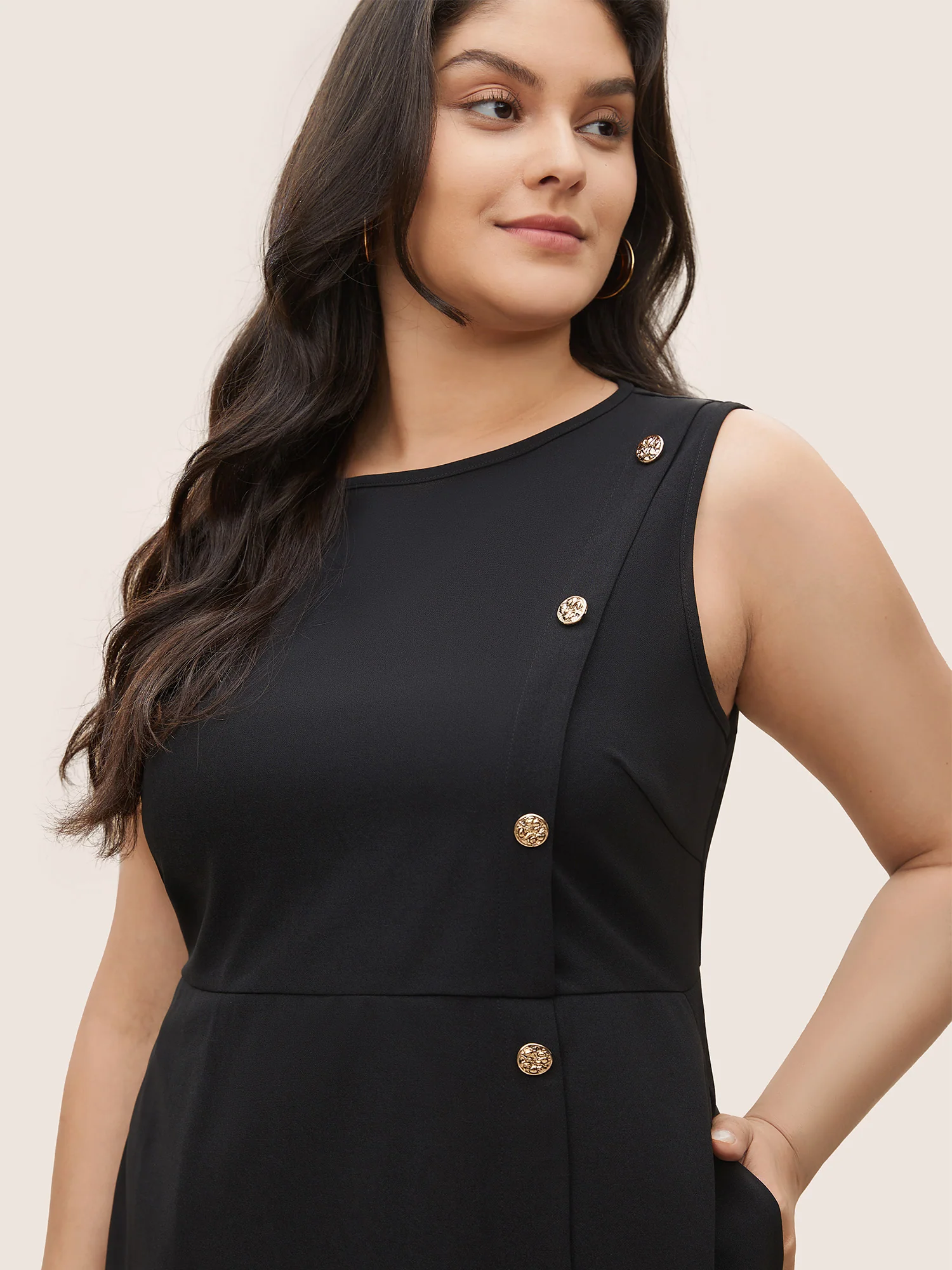 Plain Sleeveless Button Detail Pocket Dress