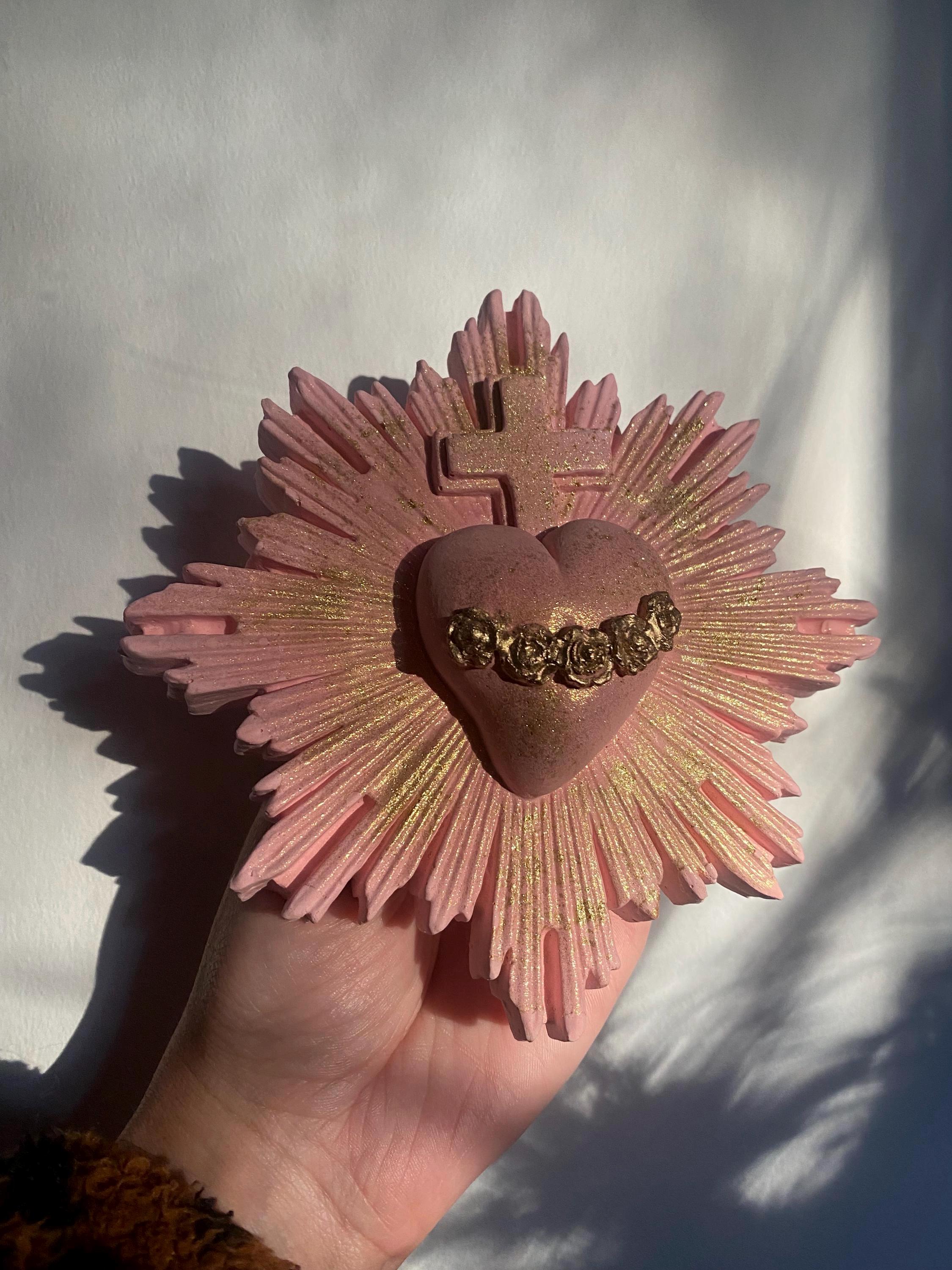 Sacred Heart Wall Decor, Milagro Heart, Flaming Heart & Cross, Handmade.