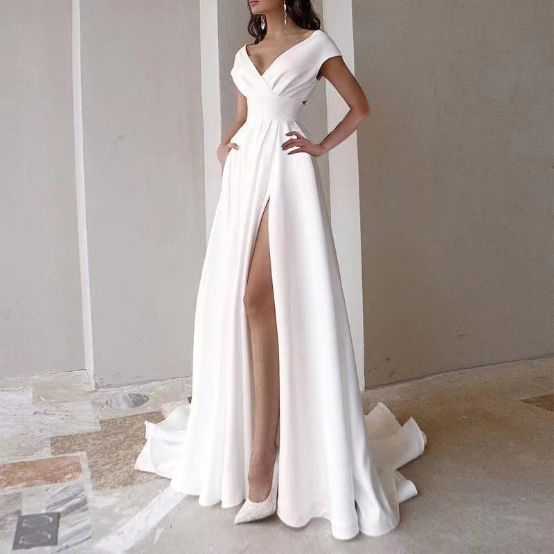 Bosom wrap style lotus leaf edge Mid-waist pure-color style commuter dress Evening dress