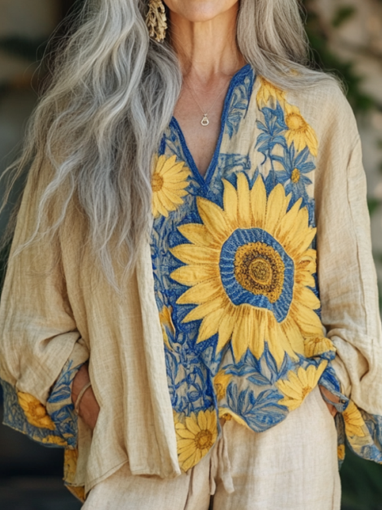 Bohemian Sunflower Linen Floral Art Print Long Sleeve V-neck Shirt
