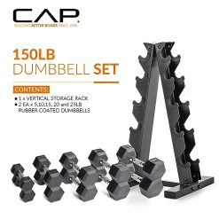 CAP Barbell 150 LB Coated Hex Dumbbell with Tinted Handle Weight Set and Vertical Rack