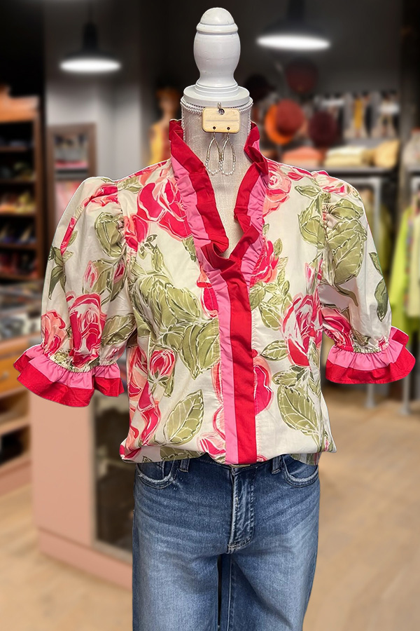 Ruffle Stripe Trim Floral Poplin Top
