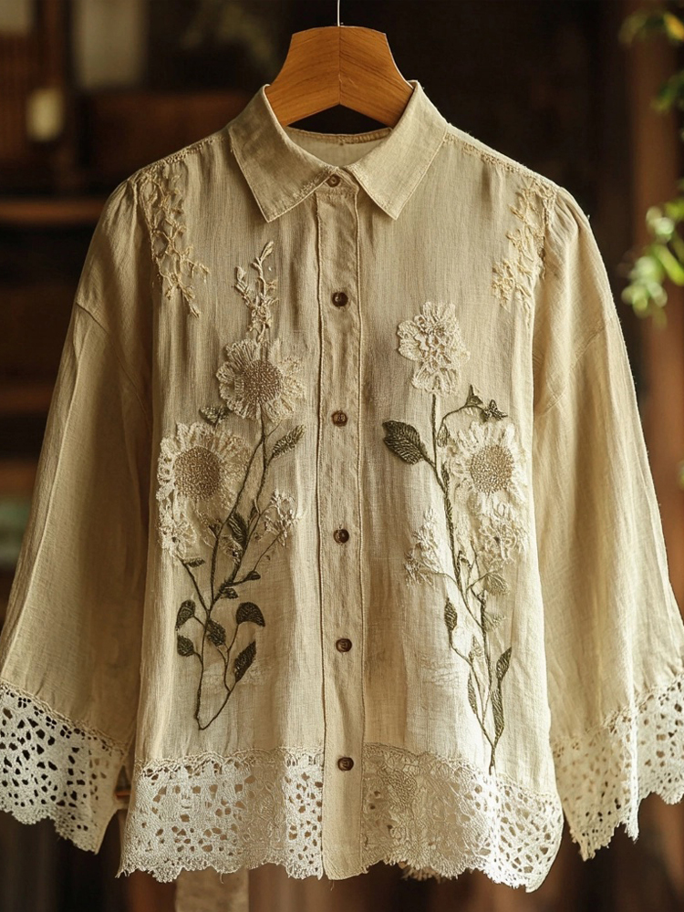 Vintage Floral Embroidered Linen Blend Lace Blouse