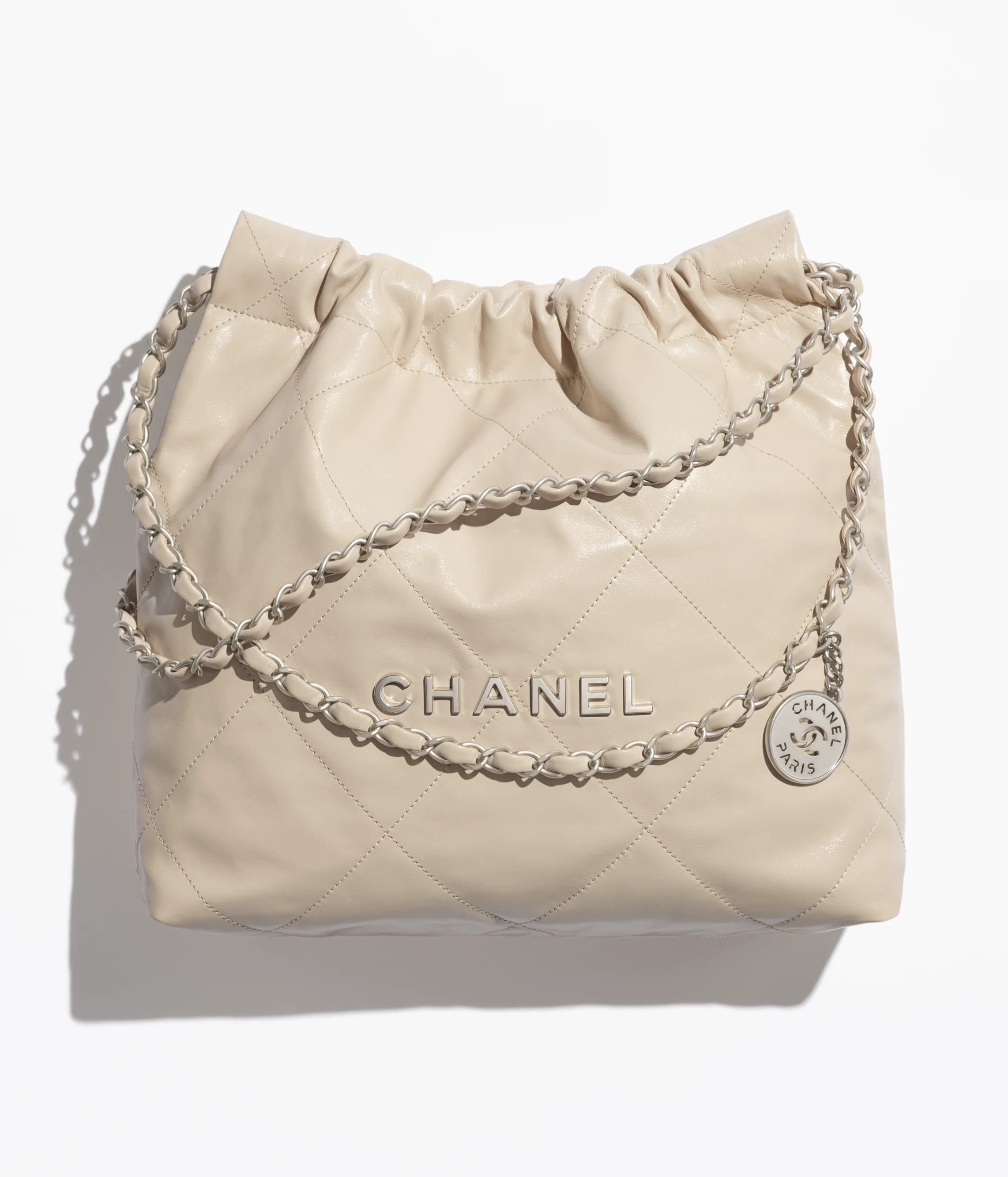 CHANEL 22 Small Handbag Shiny Calfskin & Silver-Tone Metal Beige AS3260-B19057-NADOH