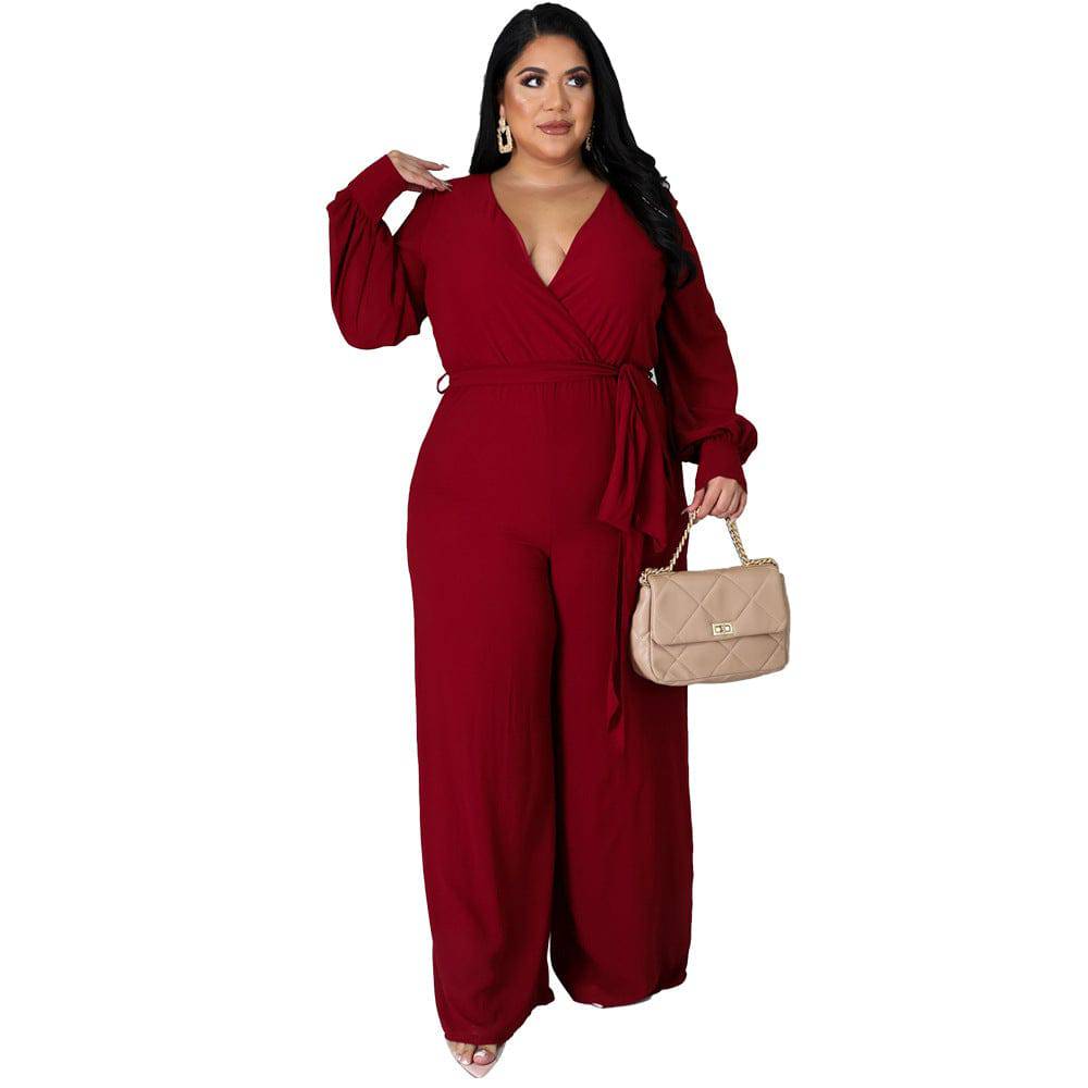 Plus Size Women Loose Straight Solid Color Belt Jumpsuit