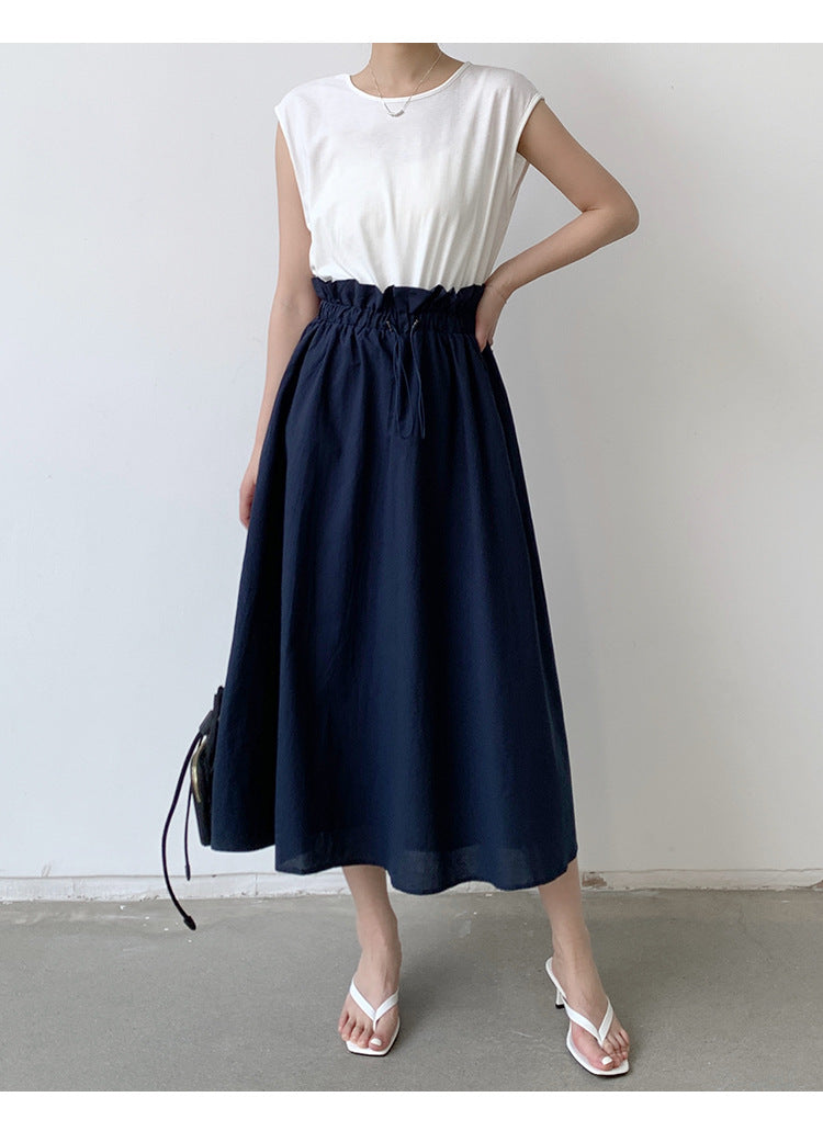 Summer Women Clothing Dress Cotton Stitching Bud Large Swing Dress Loose Waist Contrast Colors False Two Piece