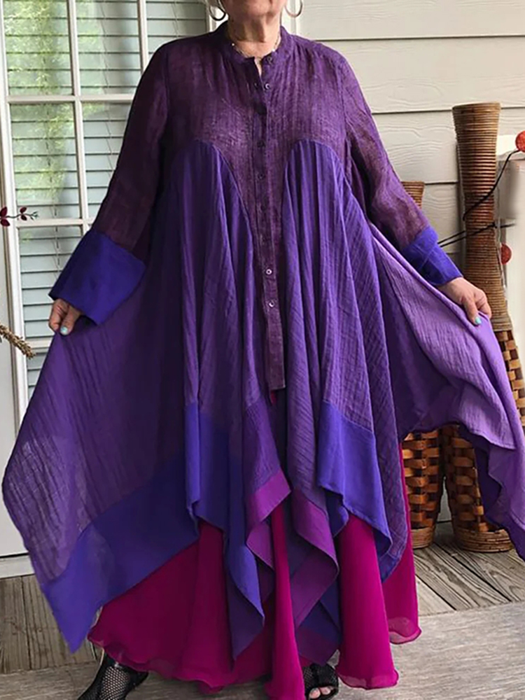 Loose Stitching Contrasting Color Cotton Linen Maxi Dress