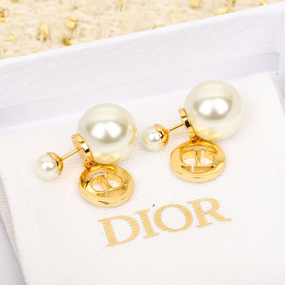 Dior Round Crystal CD Double Ball Pearl Earrings