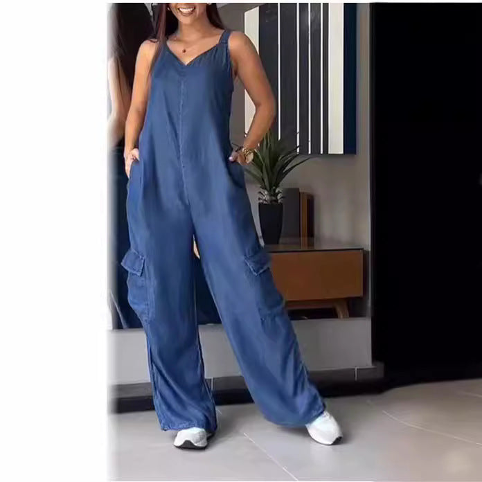 European and American Style V-Neck Jumpsuit with Thin Jeans Fabric and Pockets