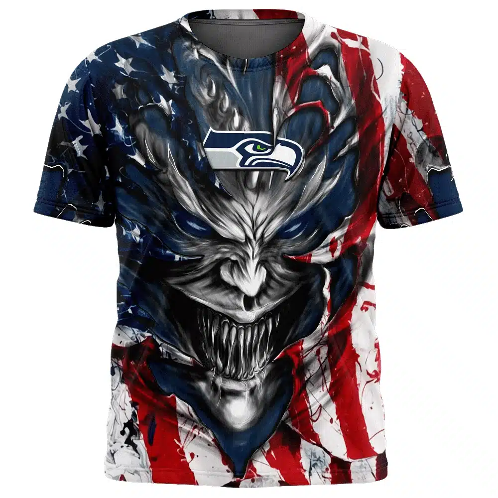SEATTLE SEAHAWKS DEMON FACE AMERICAN FLAG-3D UNISEX HOODIE