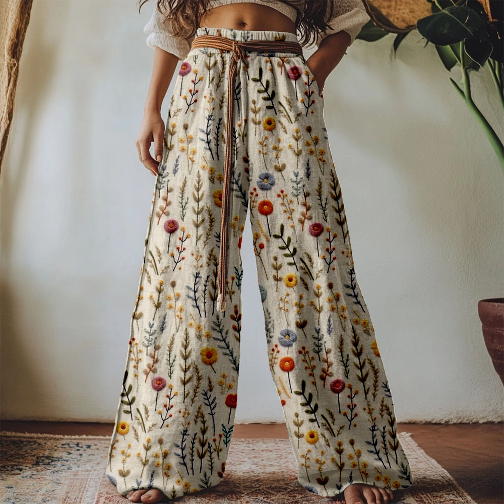 Vintage Boho Flowers Embroidered Linen Blend Casual Pants