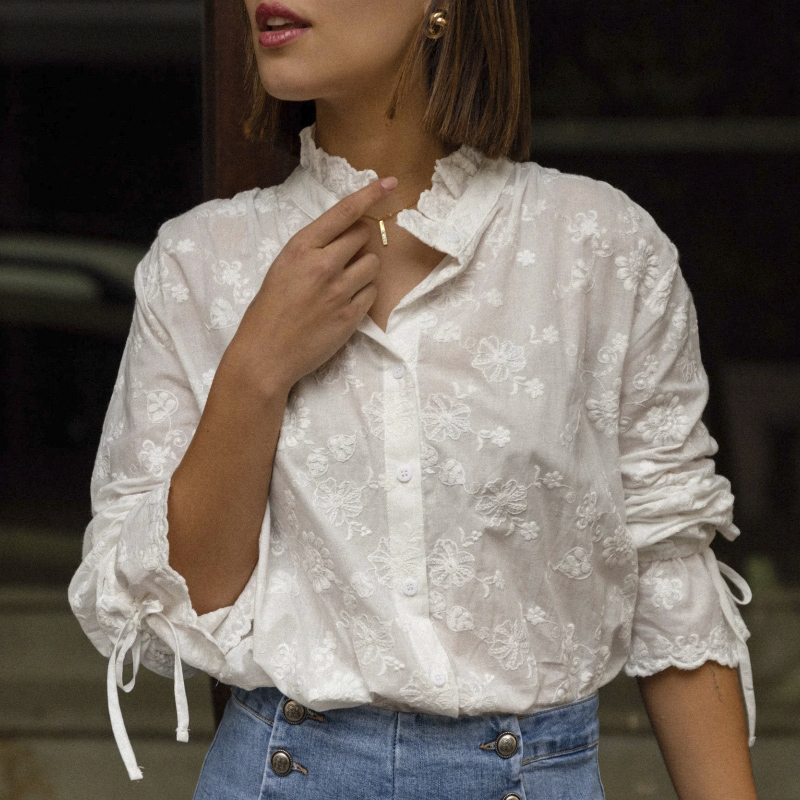 Floral Embroidery Drawstring Sleeve Women's Linen Blouse