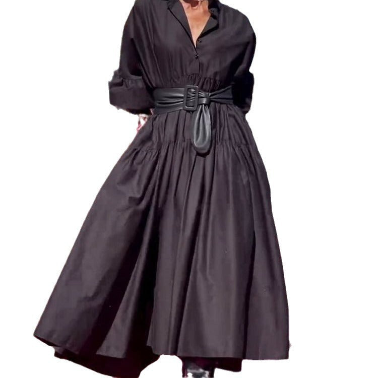 Solid Color Puff Sleeve Shirt Dress with Pleated Design for Women