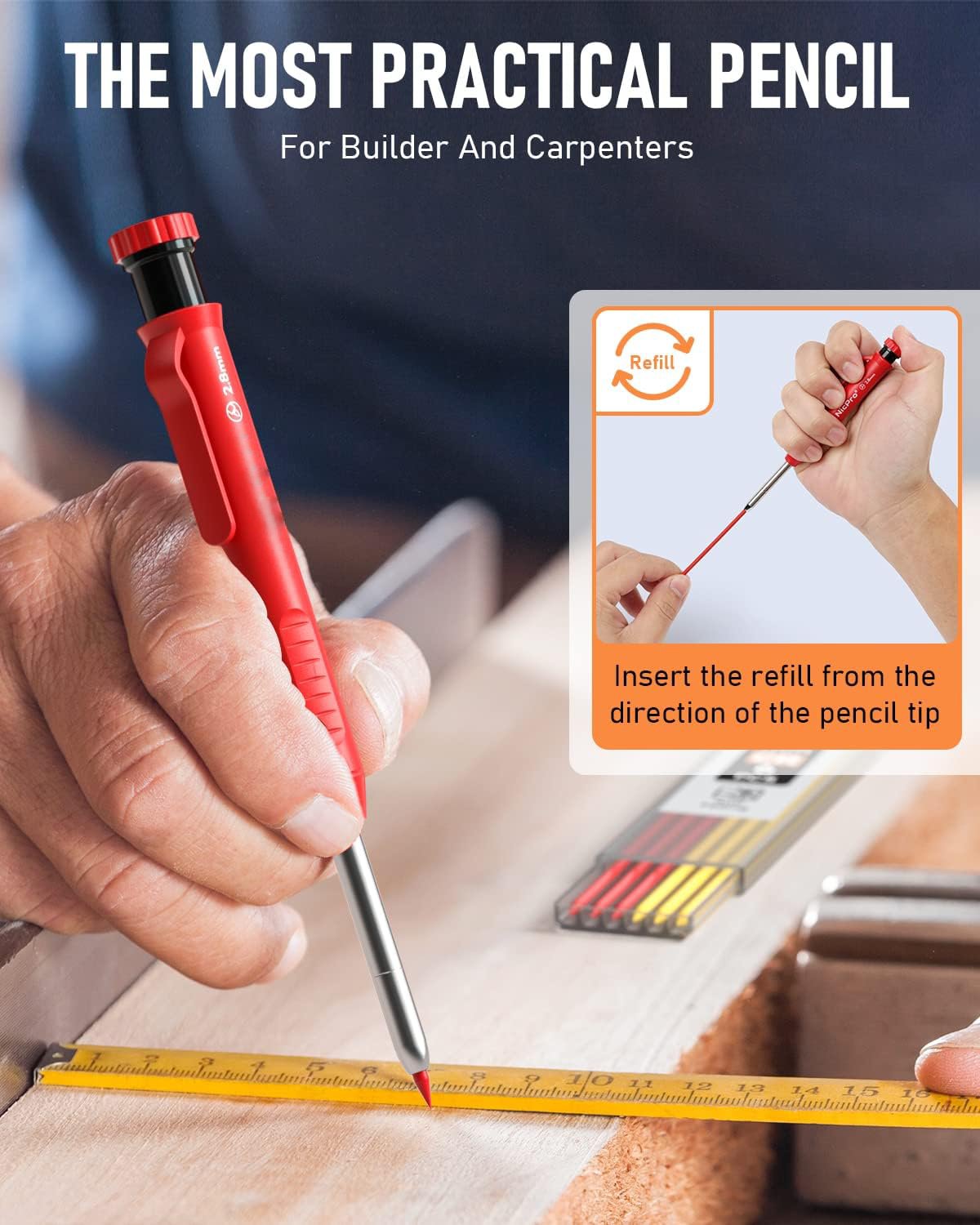 Carpenter Pencil with Sharpener, Mechanical Pencils Set with 24 Refills, Deep Hole Marker for Construction, Heavy Duty Woodworking Pencils for Architect