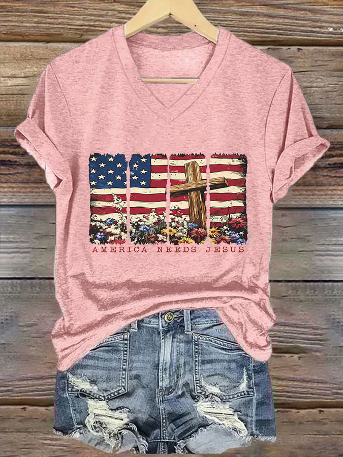 Women's America Needs Jesus Print V-Neck T-Shirt