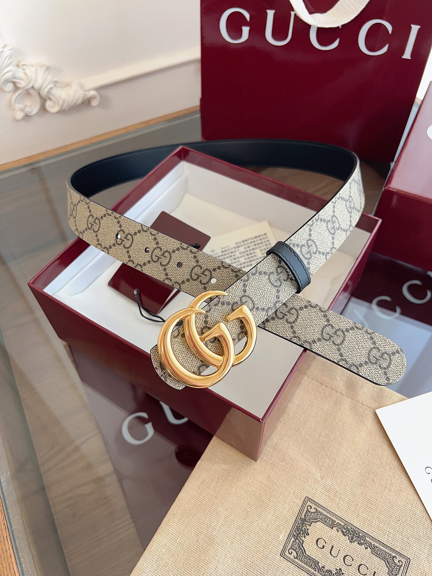 Gucci Double G steel buckle women's cowhide double-sided belt 3.0cm wide