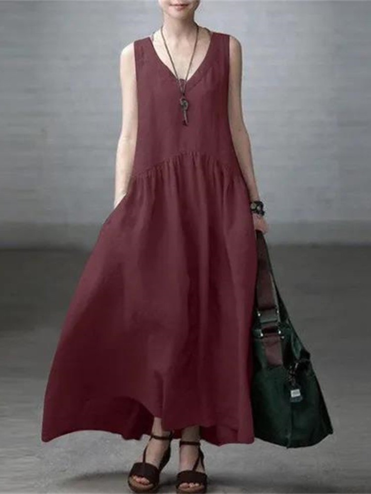 Elegant Solid Color V Neck Comfy Maxi Dress