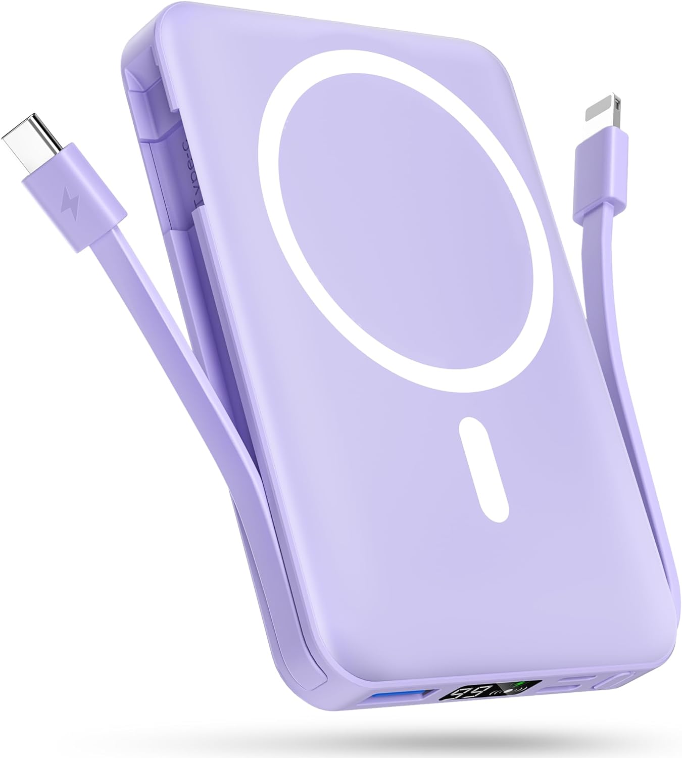 podoru Wireless Portable Charger, 10000mAh Magnetic Power Bank Built-in USB-C Lighting Cables 22.5W PD Fast Charging LED Display Mag-Safe Battery Pack for iPhone 15/14/13/12/Mini/Pro/Pro Max - White