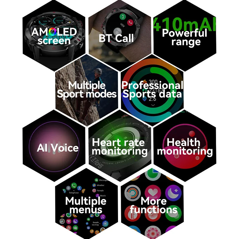 New 1.43-inch HD Bluetooth calling smartwatch 410Mah large battery 100+ dial 466*466 AMOLED outdoor smartwatch for Android iOS