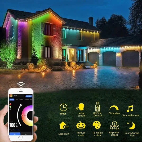 Outdoor IP68 Waterproof Led Strip Lights with Wi-Fi Bluetooth App Smart Control, Music Sync, Timer, Exterior Led Rope Lights for Decor Balcony, Roof, Garden, Pool