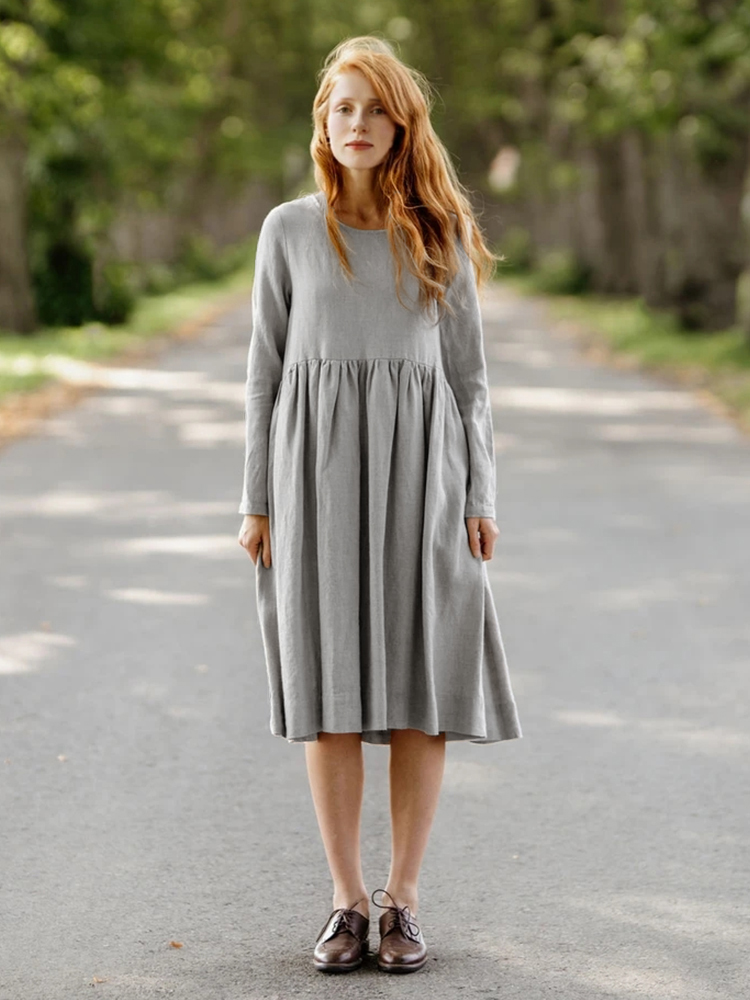 Pleated Wide Skirt Linen Midi Dress