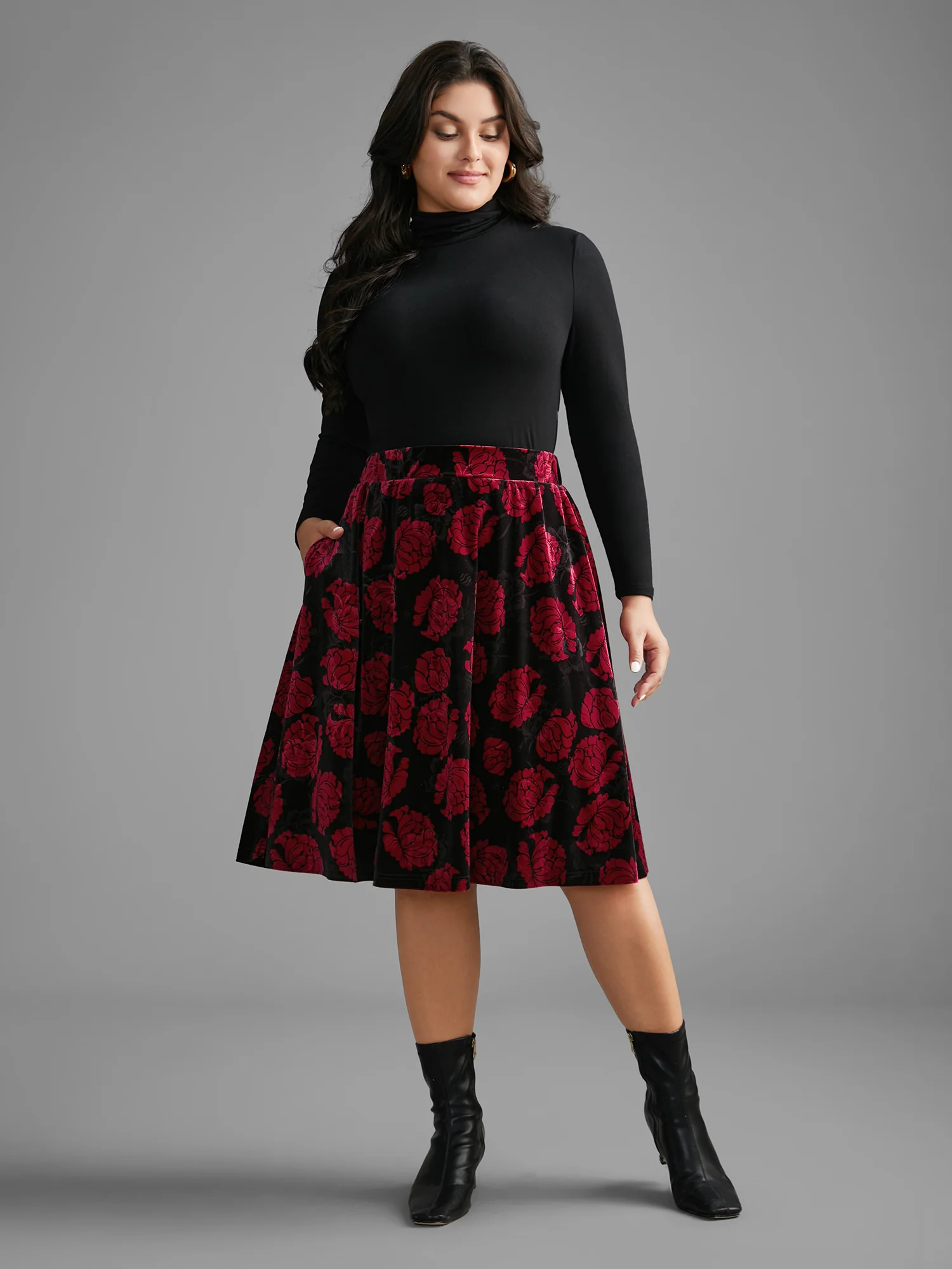 Velvet Floral Elastic Waist Skirt