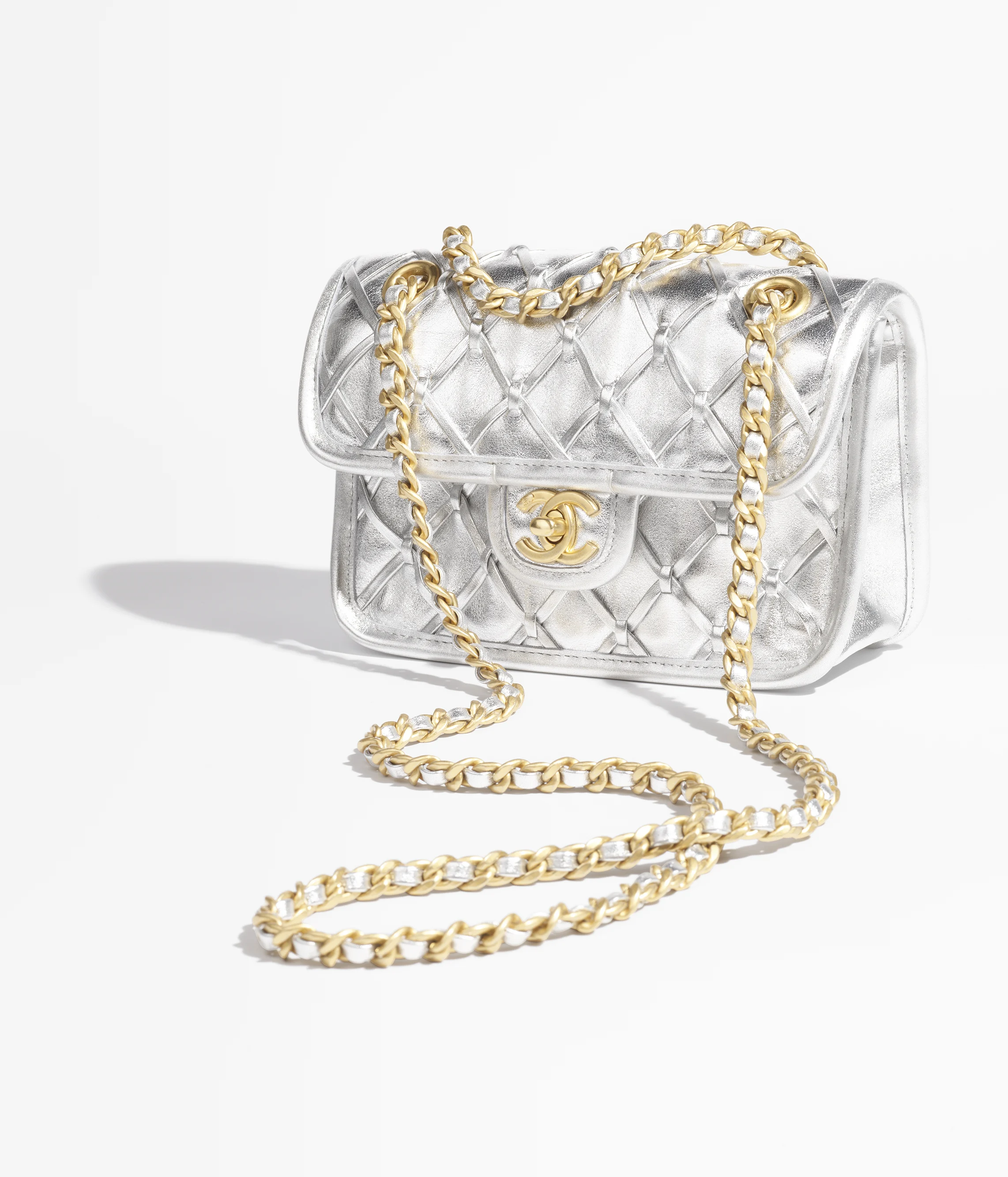 Chanel Mini Flap Bag Metallized Braided Calfskin & Gold-Tone Metal Silvery AS4797-B20071-NL673