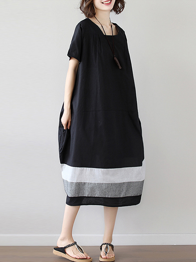 Simple Panel Short Sleeve Midi Dress