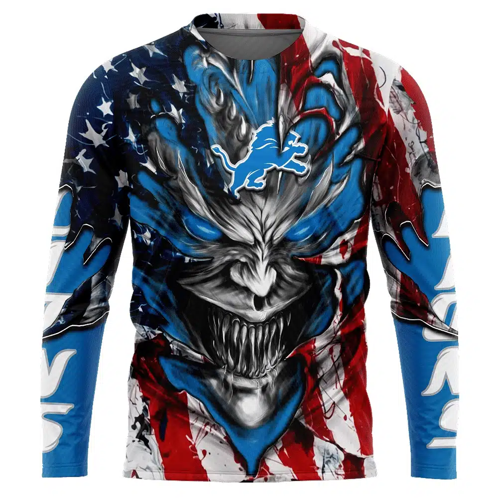DETROIT LIONS DEMON FACE AMERICAN FLAG-3D UNISEX HOODIE