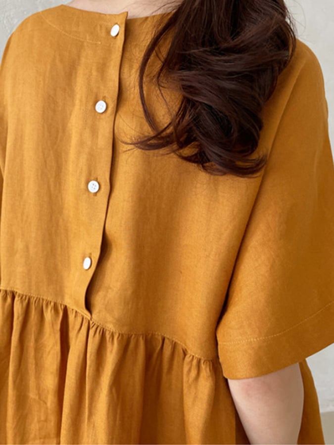Women's Solid Color Buttoned Design Loose Cotton And Linen Casual Dress
